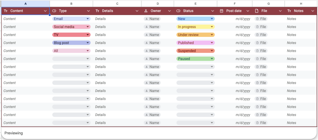 Google Sheets Table Templates - Content Tracker